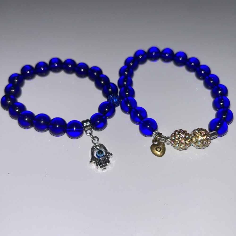 Blue Evil Eye & Heart Charm Bracelet Set